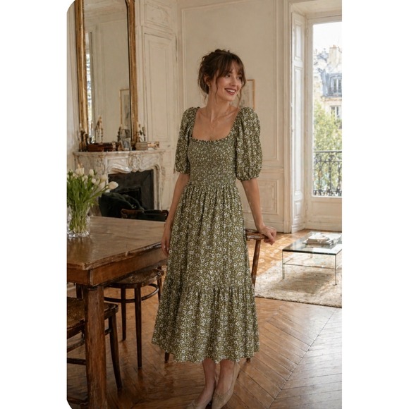 Ann Taylor Dresses & Skirts - Ann Taylor Petite Olive Green Floral Smocked Tiered Midi Dress 0P Boho Prairie